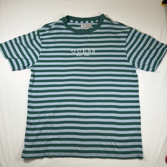 Guess Mens Shirt Small Striped Short Sleeve 90s Y2K Retro Spellout Embroider - Picture 1 of 6